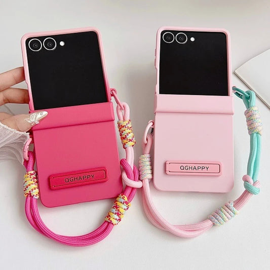 Korean Cute Gradient Color Phone Case For Samsung Galaxy Z Flip 7 6 5 4 3 ZFlip7 Flip6 5G Anti-lost Hand Strap Holder Back Cover