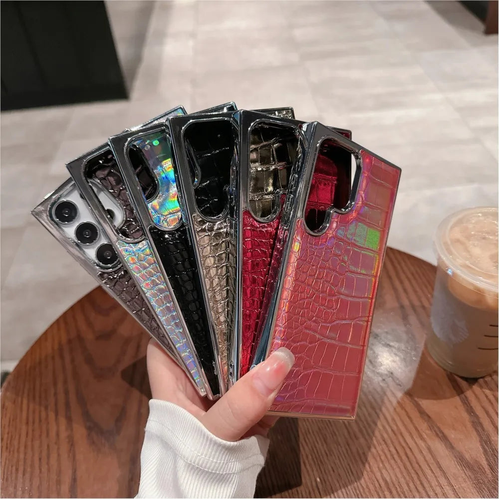 Luxury Gradient Crocodile Pattern Leather Laser Case For Samsung Galaxy S25 S24 S23 Ultra Plus Aurora Color Plating Hard Cover