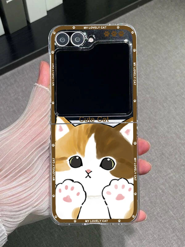 Funny Cartoon Cat Couple Phone Case For Samsung Galaxy Z Flip 6 7 3 4 Clear Hard Folding Cover For Zflip 5 Lovely Animal Fundas