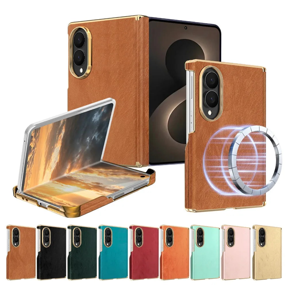 Luxury Velvet Leather for Magsafe Magnetic Case for Samsung Galaxy Z Fold 8 Ultra 7 6 Plating Lens Dual-axis Hinge Protect Cover