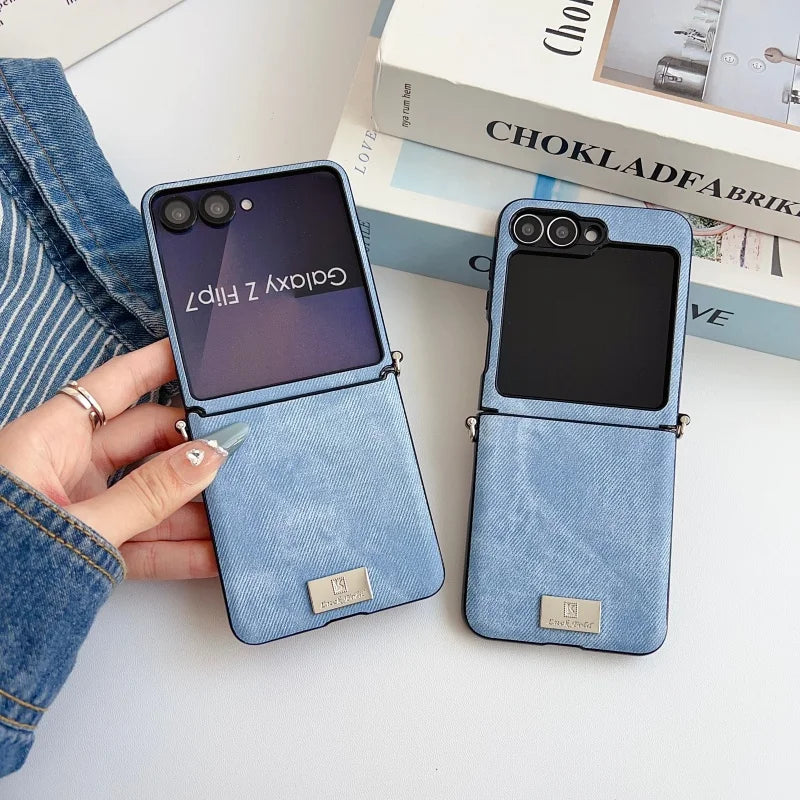 Fashion Denim Fabric Cute Phone Case For Samsung Galaxy Z Flip 7 6 5 4 Z Flip6 Z Flip7FE Cover with Hand Rope Cute Hinge Cases