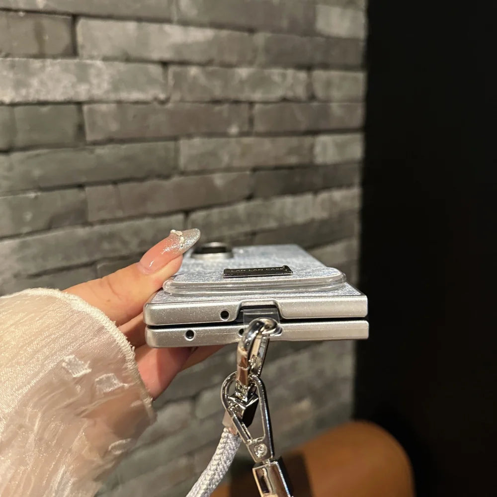 With Bracket Lanyard Phone Case For Samsung Galaxy Z Fold 7 6 5 4 3 Silver Luxury Leather Brief Shockproof Cover For Fold7 6
