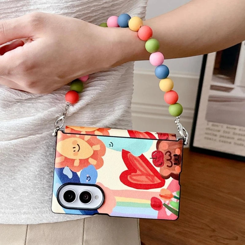 Luxury Oil Painting Sun Phone Case For Samsung Galaxy Z Fold 8 ZFold8 Side Buckle Protection Cover With Colorful Beads Chain