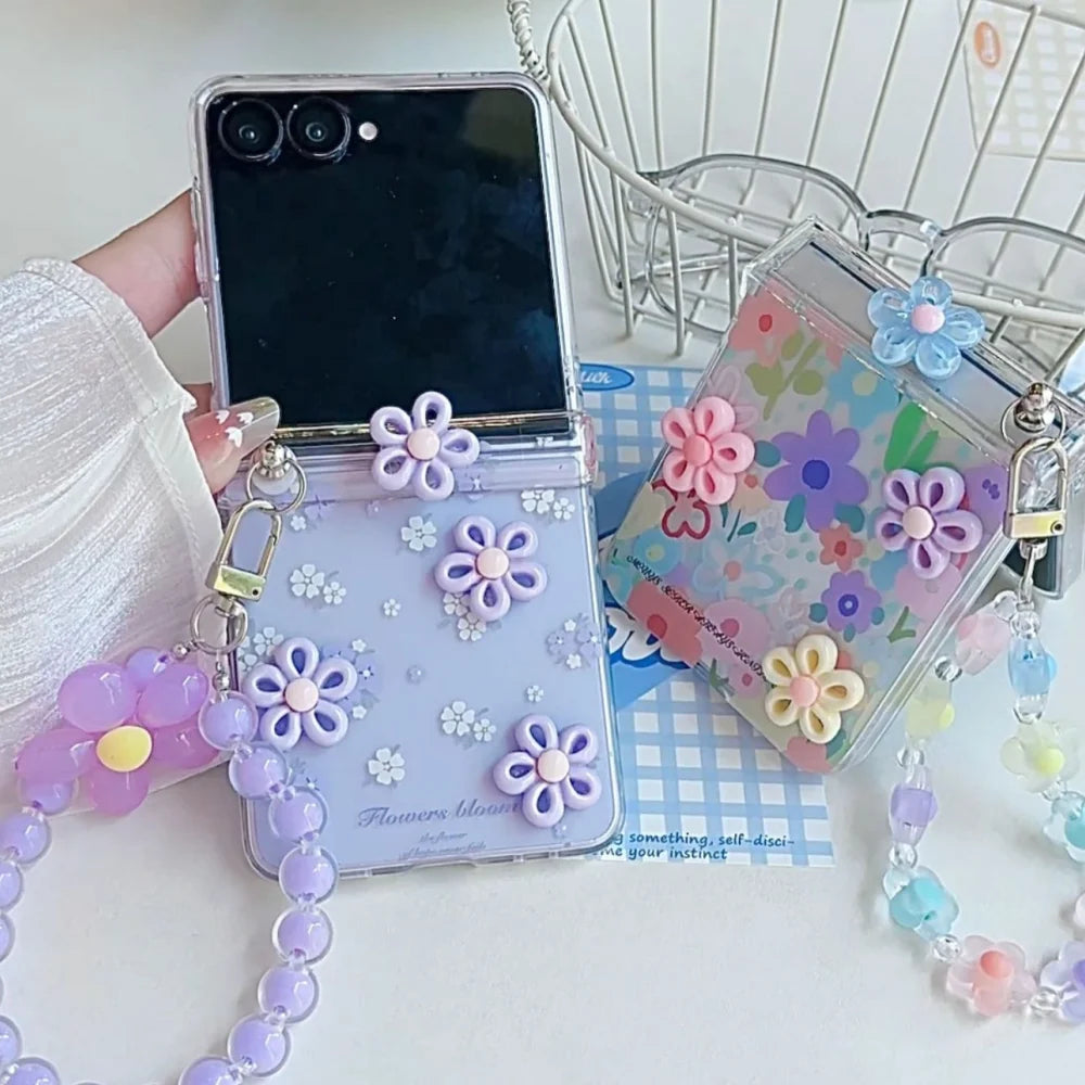 Hinge Protection 2in1 Lovely 3D Rotate Flower Phone Case For Samsung Galaxy Z Flip 7 6 5 4 3 7 FE Wrist Chain Shockproof Cover
