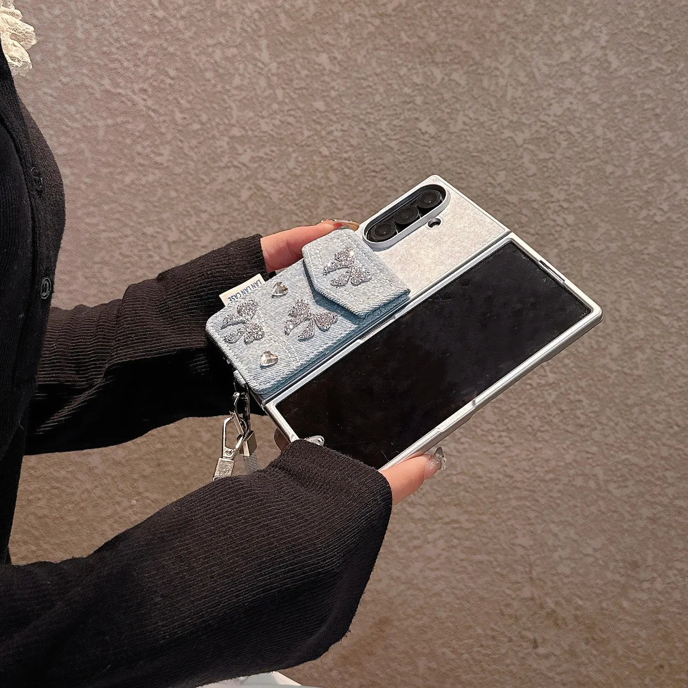 Diamond Bow Wrist Chain Case for Samsung Galaxy Z Fold 7 Fold 6 5 4 3 Simple Denim Card Holder Shockproof Bracket Back Cover