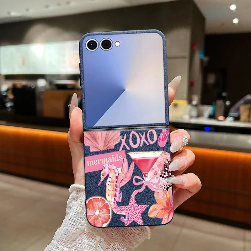 Shell Flower Print Phone Case For Samsung Galaxy Z Flip 7 FE 6 5 4 3 Folding Leather Texture Soft TPU Cover For Samsung Z Flip7