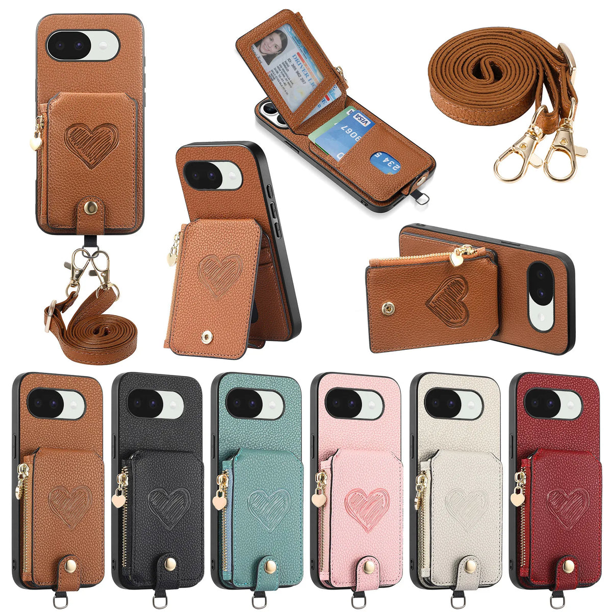 Crossbody Long Lanyard Zipper Cards Sold Wallet Leather Case for Google Pixel 10 Pro XL 9A 8A 7A 6A Shockproof Stand Slim Cover