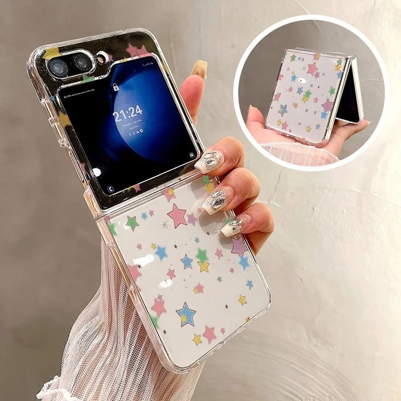Ins Colorful Stars Print Phone Case For Samsung Galaxy Z Flip 7 6 ZFlip 5 Clear Folding Cover For Samsung ZFlip 7FE 4 3 Shells