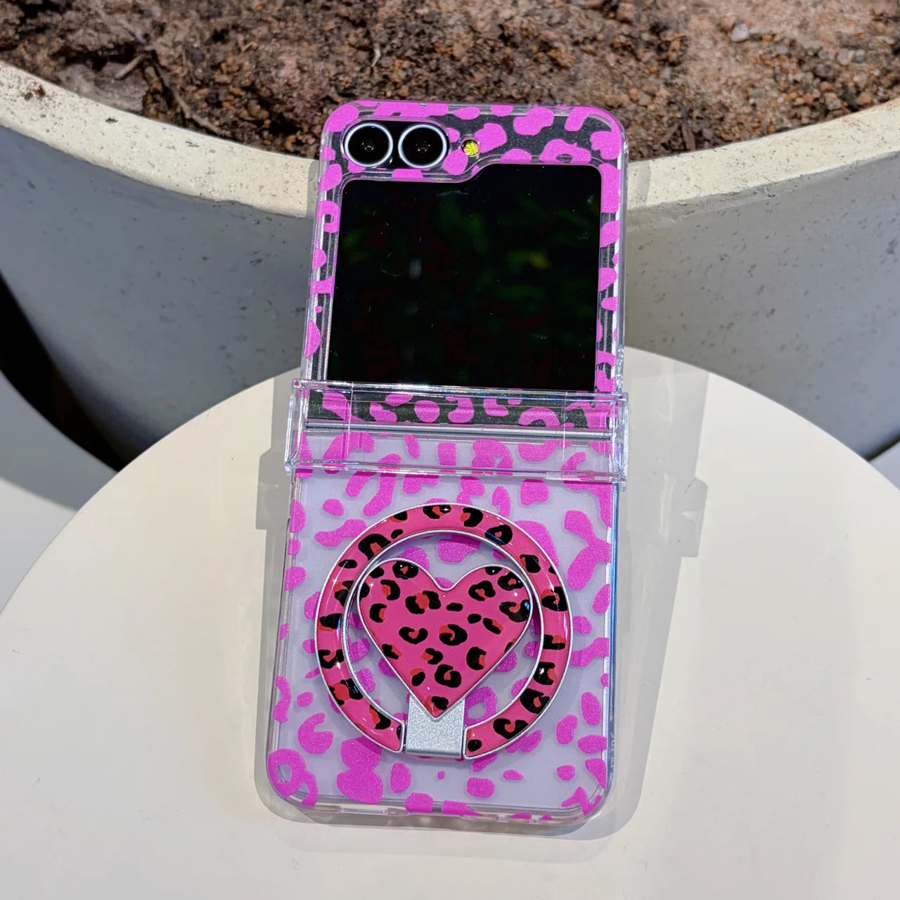 Transparent Leopard Pattern Stand Holder With Bracelet Phone Case For Samsung Z Flip 5 6 7 8 FE Shockproof Protective Cover