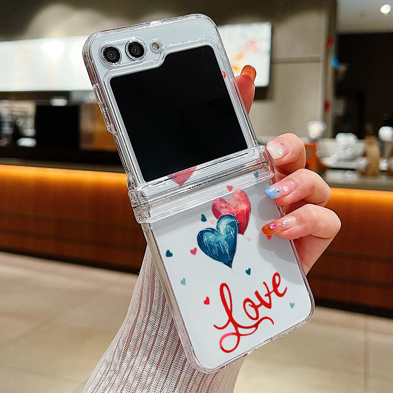 Love Heart Print Transparent Phone Case For Samsung Galaxy Z Flip7 FE Flip6 Folding Hard Cover For Samsung Z Flip 7 6 5 4 3 5G