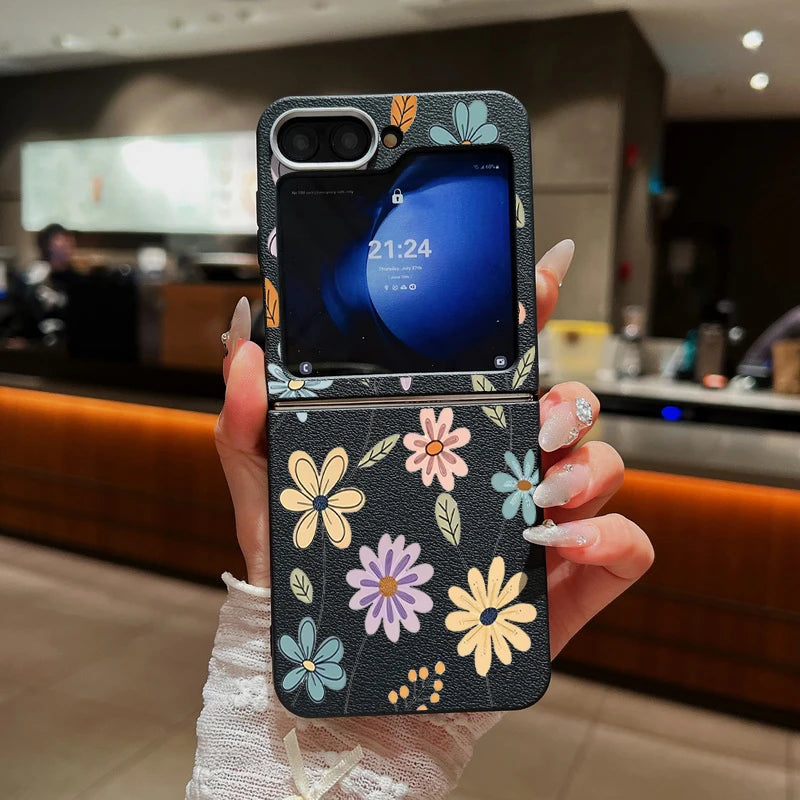 For Samsung Galaxy Z Flip 5 6 3 4 5G Cartoon Flowers Soft Case Leather Texture TPU Folding Phone Cover For Samsung Z Flip5 Flip4
