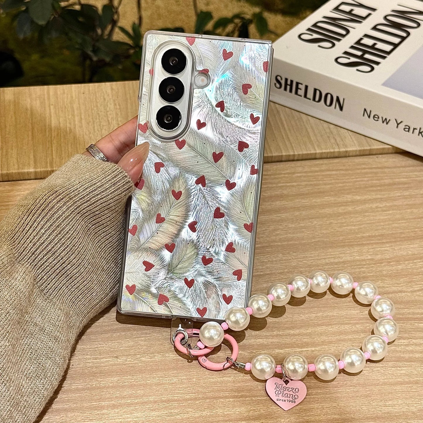 for Samsung Galaxy Z Fold 7 6 5 4 3 fold7 Strap Pendant Fold Phone Case Ins New Feather Love Heart Silver Cover