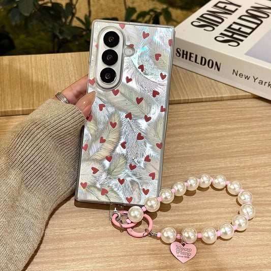 for Samsung Galaxy Z Fold 7 6 5 4 3 fold7 Strap Pendant Fold Phone Case Ins New Feather Love Heart Silver Cover