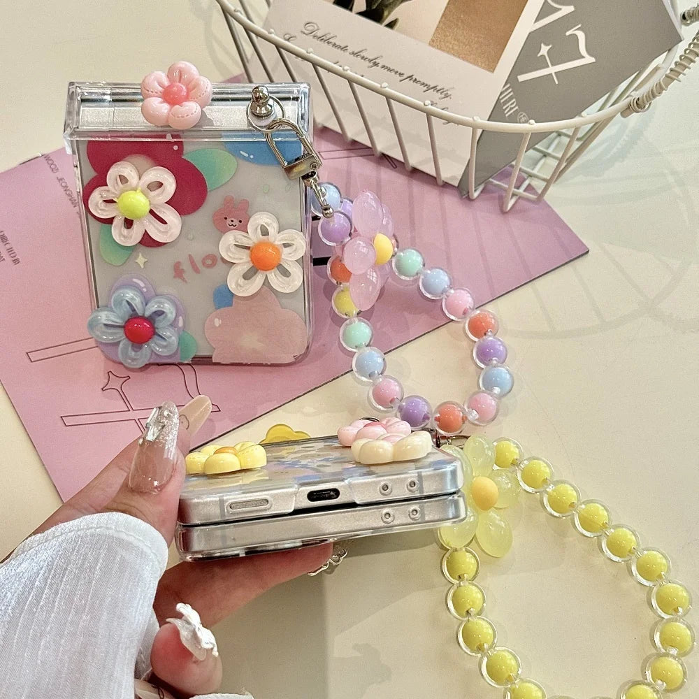 Cute 3D Flower Beads Wrist Chain Case for Samsung Galaxy Z Flip 7 6 5 zflip 3 4 Flip7 Bracelet Hard Acrylic Ins Korean Cover