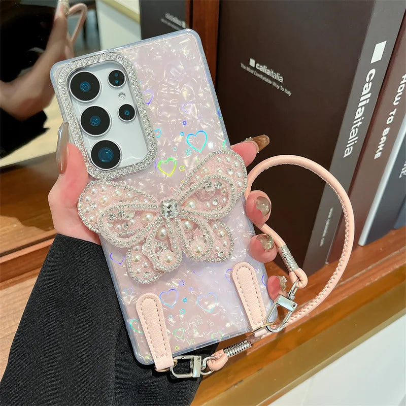 3D Laser Giltter Diamond Butterfly Case For Samsung Galaxy S24 S25 Plus Ultra FE S25 Edge With Wrist Strap Shockproof Cover