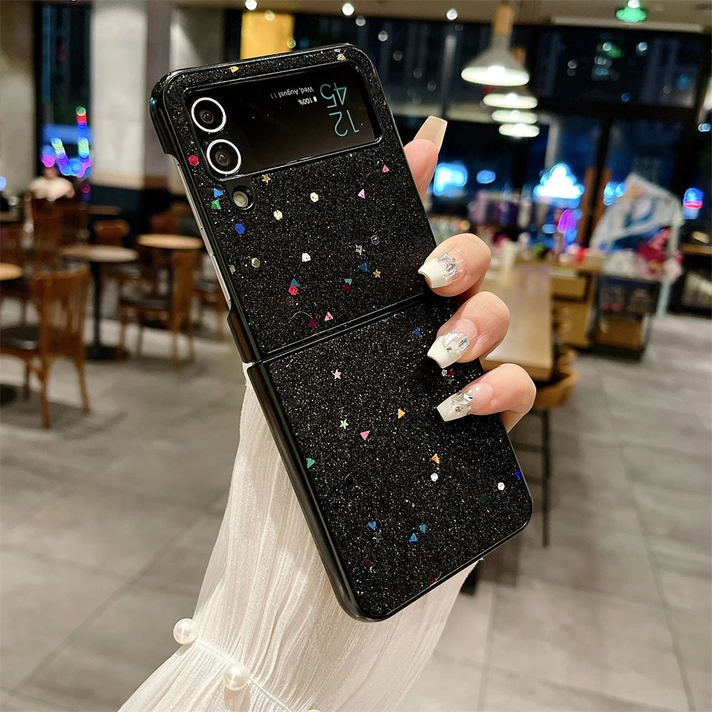 Luxury Glitter Solid Color Phone Case For Samsung Galaxy Z Flip 3 Z Flip 4 Z Flip 5 Lens Protection Shiny Shockproof Back Cover