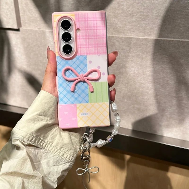 Korean Plaid Patter Flower Cute Bow Phone Case For Samsung Galaxy Z Fold 8 Ultra Z Fold8 ZFold8 Cover with Chain Hard Cases Capa