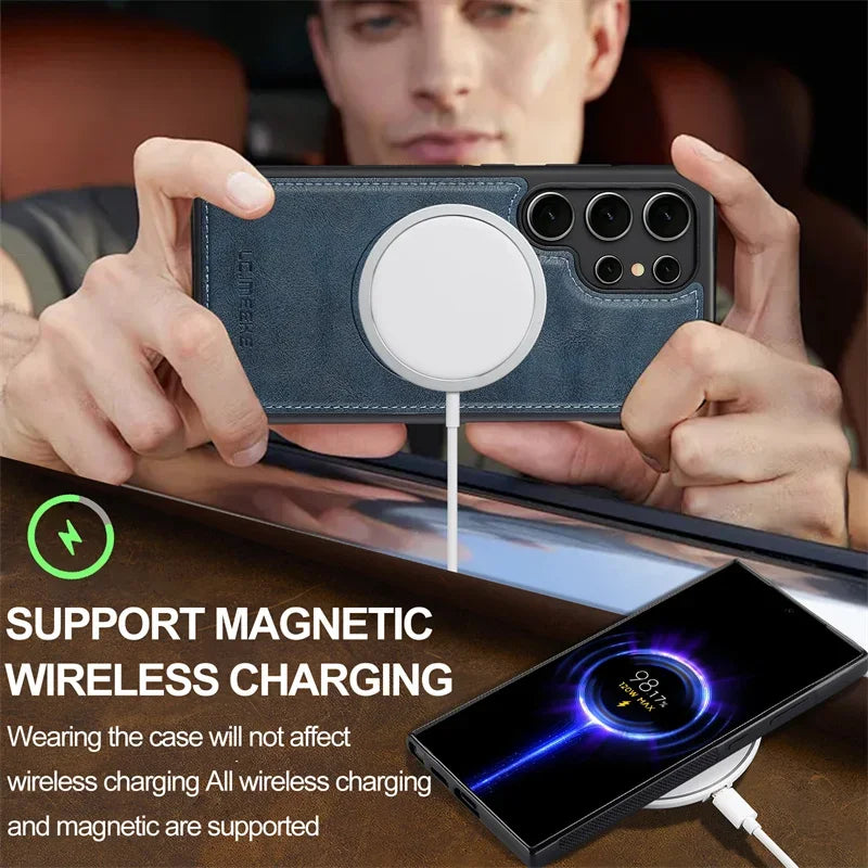 Magnetic Leather Phone Case for Samsung Galaxy S26 S25 Edge S24 Ultra S23 FE S22 Plus S21 S20 A17 A37 A57 Wireless MagSafe Cover