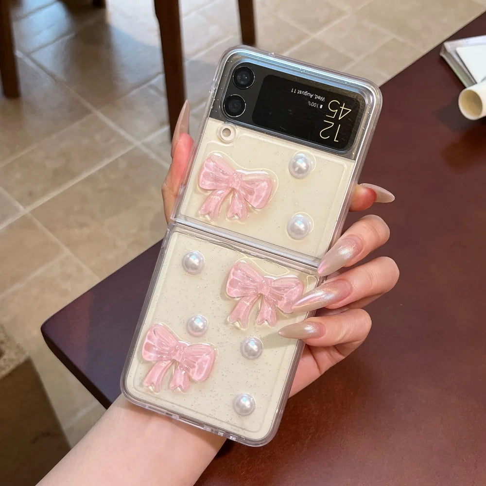 3D Pink Bow Glitter Transparent Phone Case for Samsung Galaxy Z Flip 8 7 6 5 7FE Pearl Clear Resin Cover for Samsung Z Flip 8