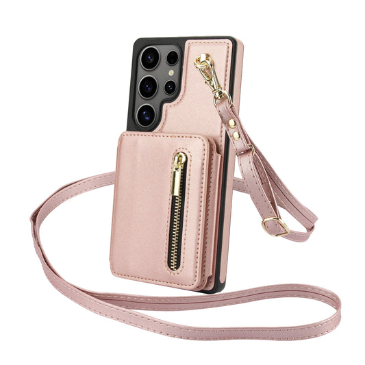 Crossbody Zipper Cards Solt Leather Case For Samsung Galaxy S25 Ultra S24 S23 S22 Plus A16 A26 A36 Kickstand Lanyard Purse Cover