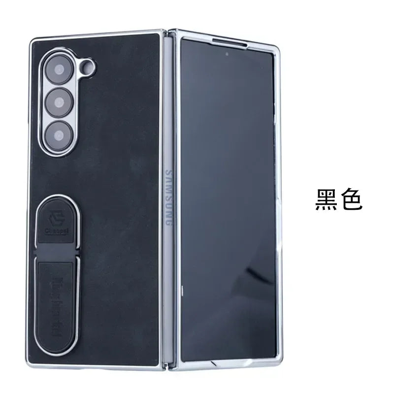 Leather Bracket Phone Case For Samsung Galaxy Z Fold 7 6 5 4 3 Electroplated Z Fold7 Fold6 Fold5 Fold4 Fold3 Protective Cover