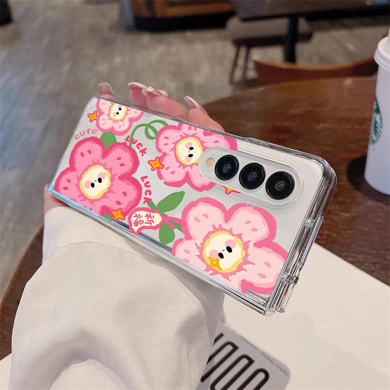 Pink Flower Pattern Phone Case For Samsung Galaxy Z Fold 7 Z Fold 6 5 Z Fold 4 3 2 Z Fold SE W25 Shockproof Protection Cover