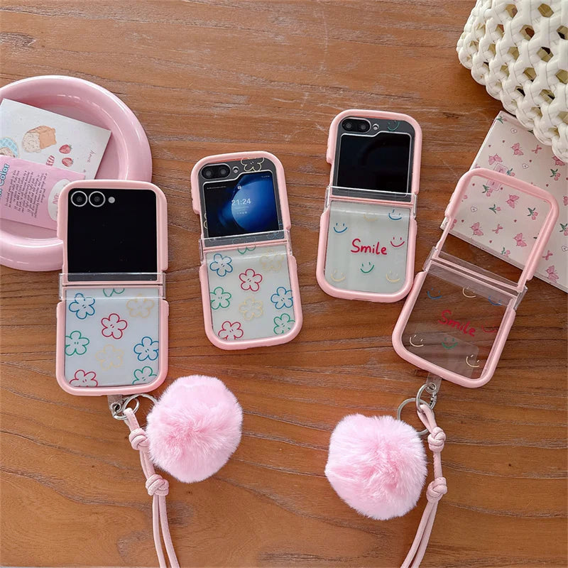 Pink Floral Smile Clear Hinge Strap Furry Ball Phone Case For Samsung Galaxy Z Flip 8 7 6 5 4 3 Z Flip8 Cute Shockproof Cover Gi
