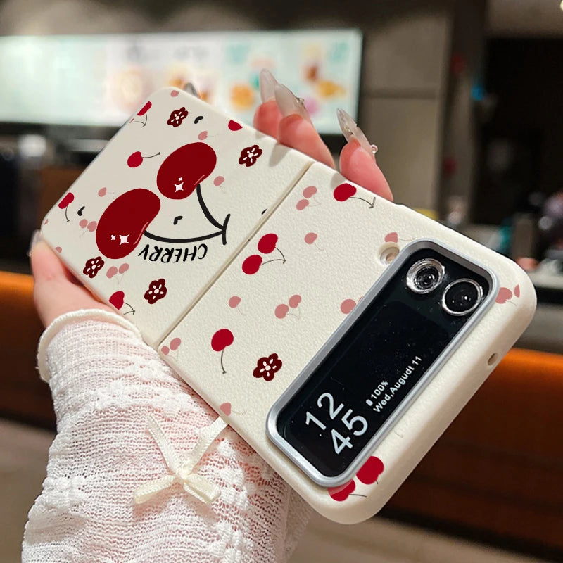 For Samsung Galaxy Z Flip 3 4 5 6 5G Leather Texture Phone Case Cherry Pattern Soft TPU Folding Cover For Samsung Z Flip5 Flip4