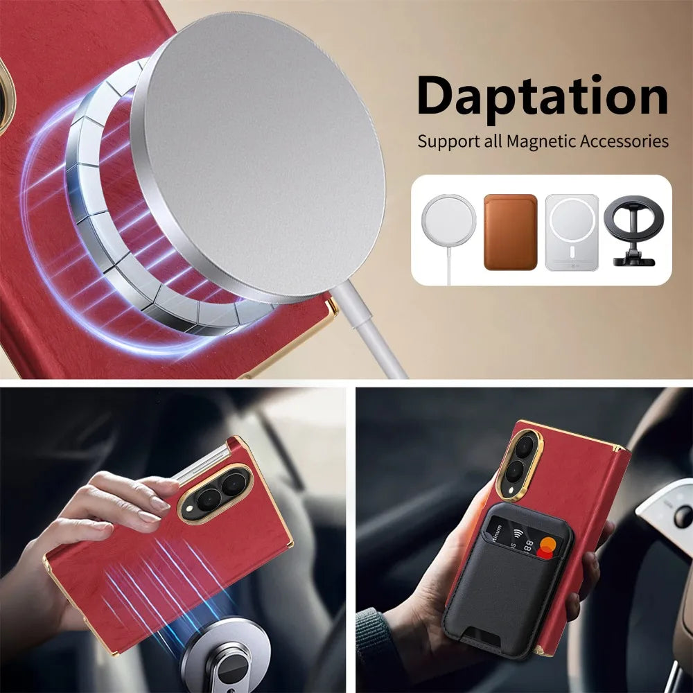 Luxury Velvet Leather for Magsafe Magnetic Case for Samsung Galaxy Z Fold 8 Ultra 7 6 Plating Lens Dual-axis Hinge Protect Cover