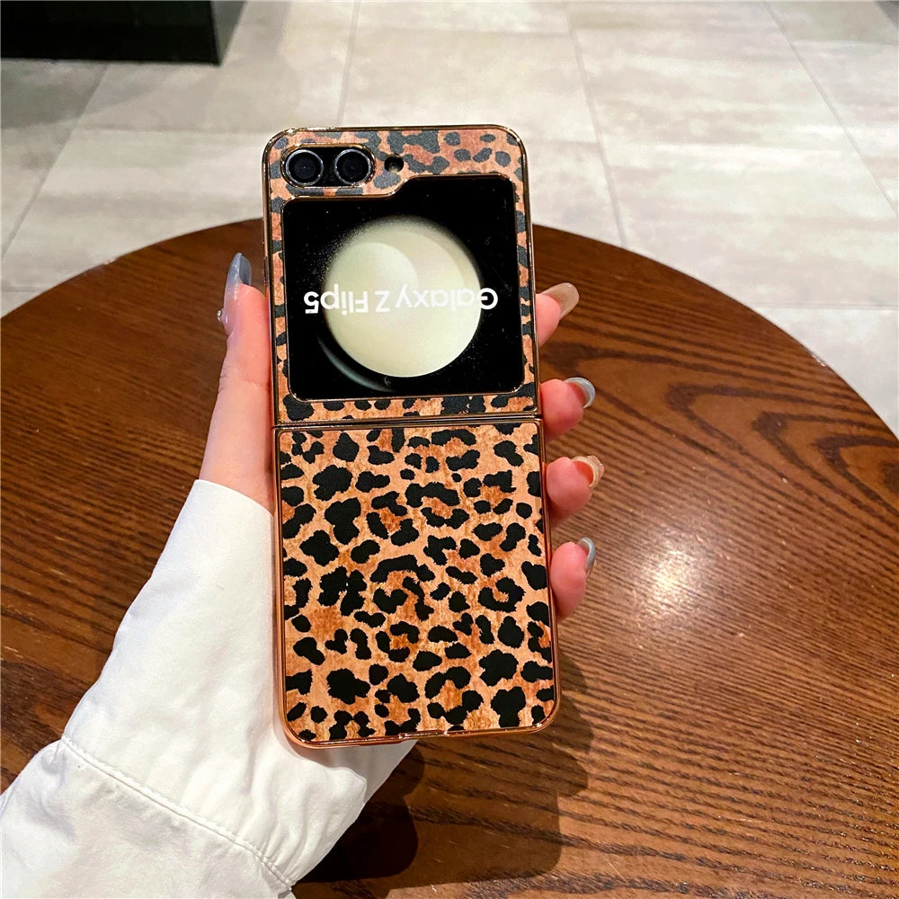 Luxury Gold Plating Cover Fashion Women Sexy Glitter Leopard Pattern Phone Case for Samsung Galaxy Z Flip 7 Flip 6 Z Flip 5 3 4