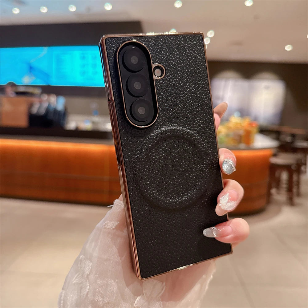 Lichee Pattern Leather Magnetic Case For Samsung Galaxy Z Fold 7 6 5 4 3 5G For Magsafe Phone Protection Hard Cover Shockproof