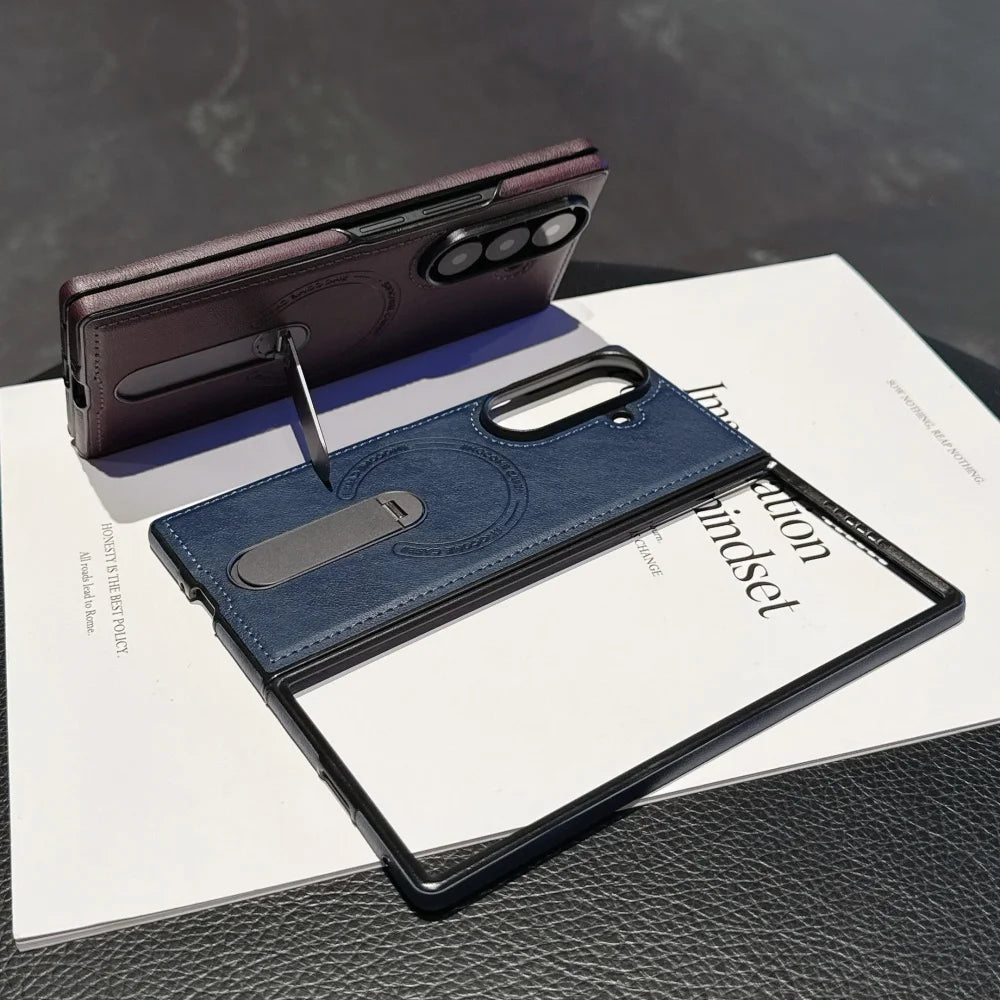Luxury Magnetic Leather Case For Samsung Galaxy Z Fold 7 6 5 4 3 5G Folding Bracket Holder Wireless Charging Cover For Zfold7