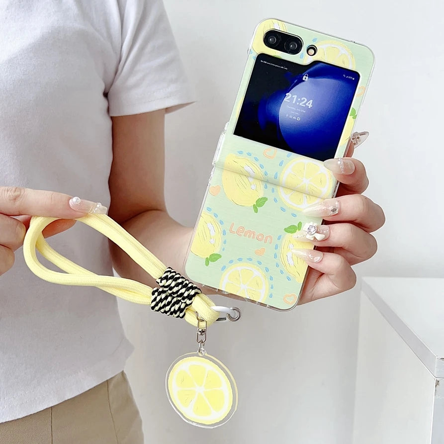 Cute Lemon Phone Cover For Samsung Z Flip 6 5 4 7 flip3 Wrist Chain Cases For Galaxy Z Flip 4 5 Hard Hinge Thin Protective Cover
