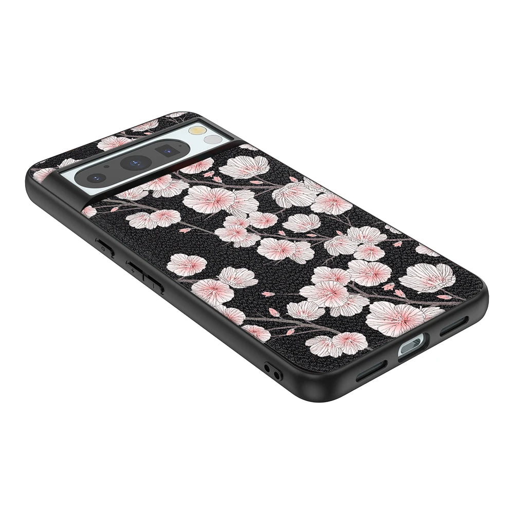 Back Cover Leather Case for Google Pixel 4 XL 4A 5 5A 5G 6 Pro 6A 7 Pro 7A 8 Pro 8A High Quality with Black Flower Pattern Print