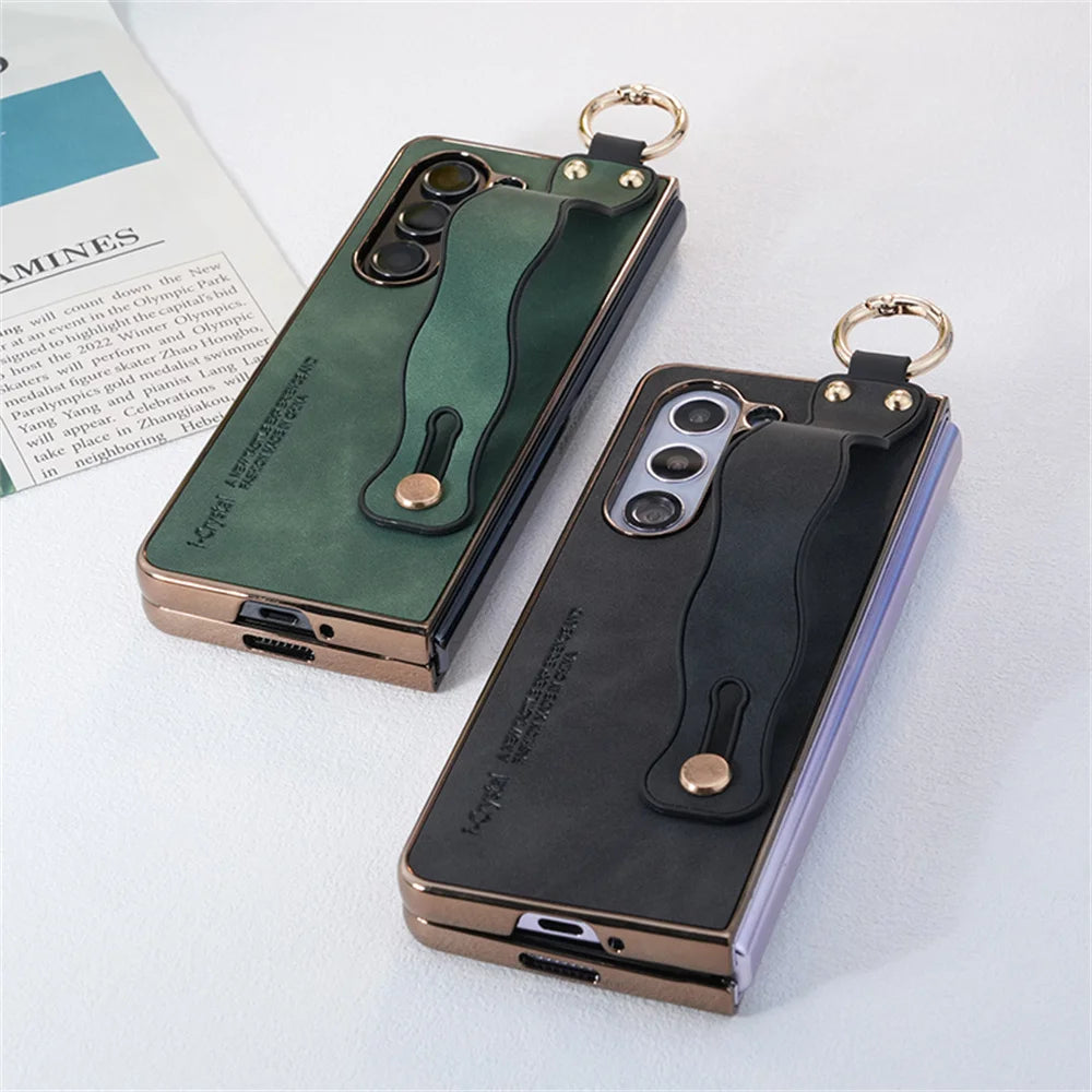 for Z Fold 7 Fashion Wave Wristband Leather Folding Case For Samsung Galaxy Z Fold 3 4 5 6 Zfold6 Fold7 Ring Buckle Holder Cover