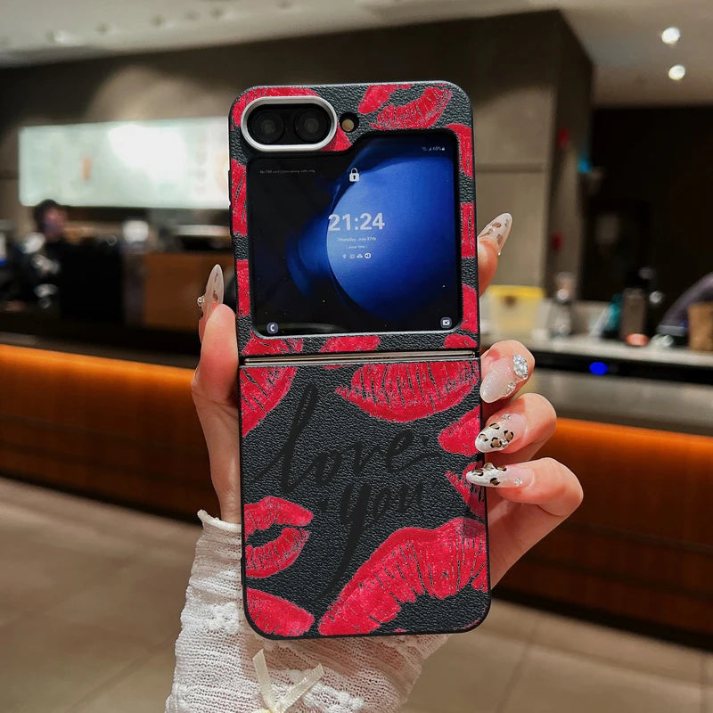 Red Lips Print Folding Phone Case For Samsung Galaxy Z Flip 6 5 4 3 Leather Texture TPU Cover For Samsung Z Flip6 Flip5 Flip4 5G