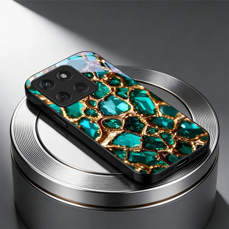 Luxury Green Gem Golden Black Glass Phone Case For Motorola Moto Edge 60 70 20 Lite 30 Pro 40 50 Ultra G45 G54 G55 G75 84 Cover