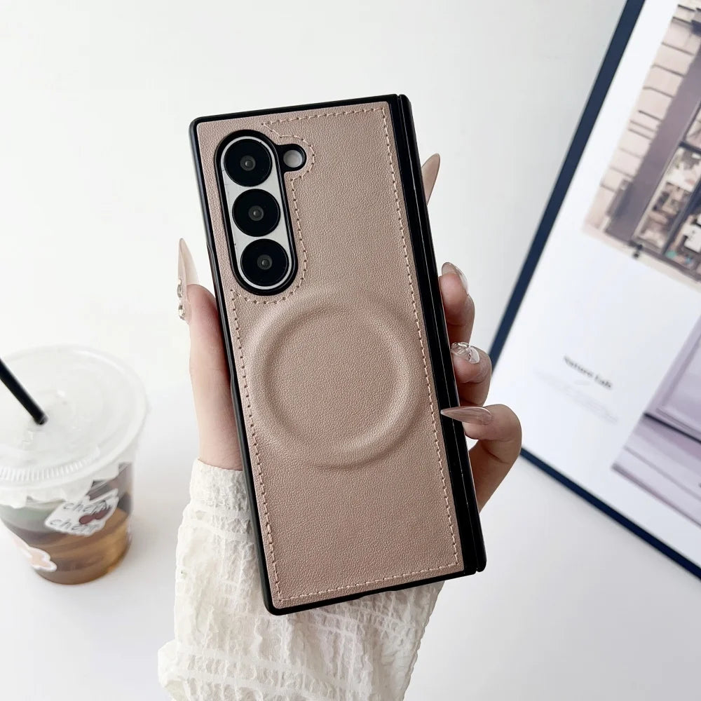 For Samsung Z Fold 7 Leather for Magsafe Wireless Charge Case For Samsung Galaxy Z Fold 7 6 5 4 3 Hinge Protect Armor 2in1 Cover