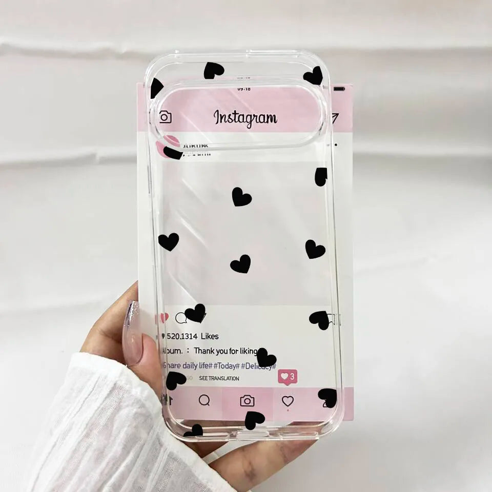 Cute Pink Black Love Heart Phone Case For Google Pixel 10 Pro XL 9 8Pro 6 7 8 8A 5G Fashion Transparent Soft TPU Cover Fundas
