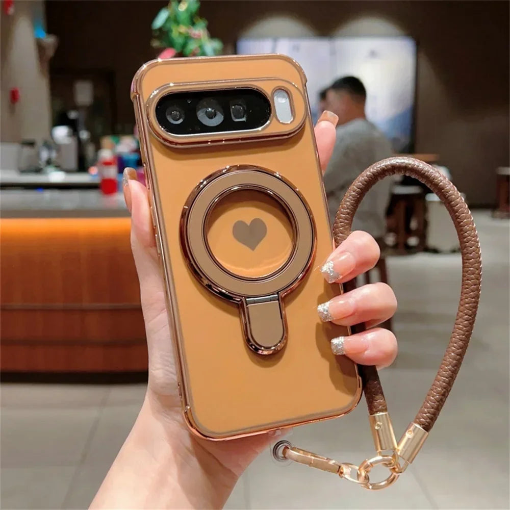 Cute Love Heart Wrist Strap Bracket Case for Google Pixel 8 9 Pro XL 9A 8A 7A Ring Holder Stand Lanyard Plating Soft TPU Cover