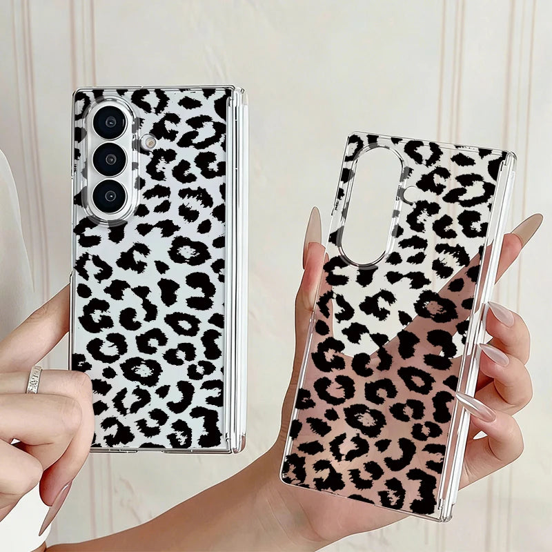 Magnetic Adsorption Phone Case For Samsung Galaxy Z Fold 7 6 5 Fold7 Fold6 Fold5 5G Leopard Print Pattern Clear Shockproof Cover