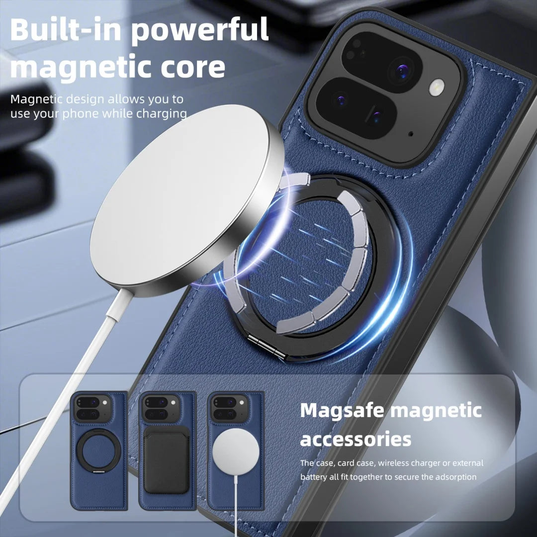 Embossed PU Leather Case For Google Pixel 10 Pro Fold Magnetic 360° Rotation Metal Stand Comfort Grip Case Cover