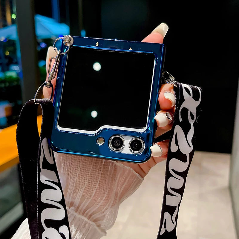 Blu Ray Laser Camera Long Rope Case With Lanyard Necklace Strap Case For Samsung Galaxy Z Flip 5 5G Z Flip6 Hard PC Phone Cover