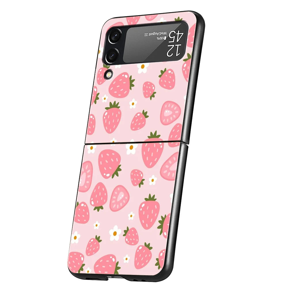 Two White Strawberries Simple Hard PC Phone Case For Samsung Galaxy Z Flip 7 6 5 4 Black Cover For Galaxy Z Flip 3 Foldable Capa