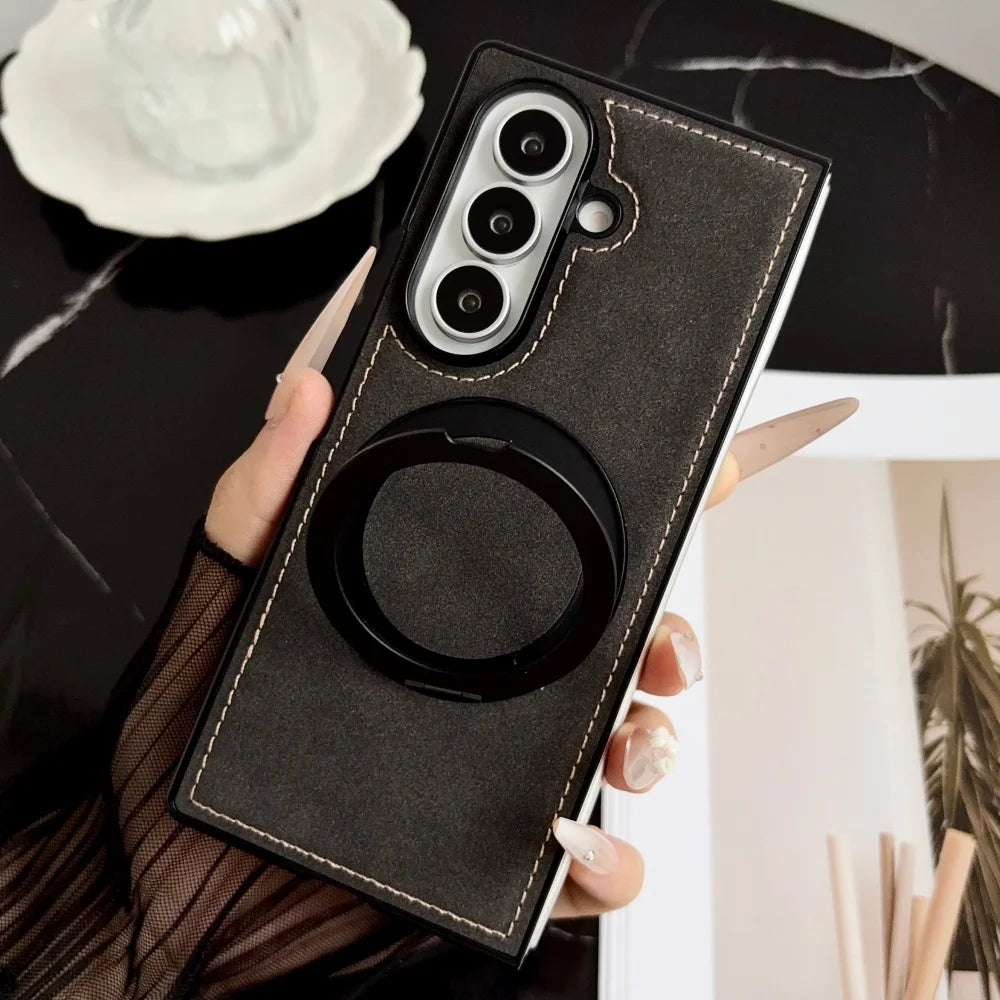 Luxury Matte Sheepskin For Magsafe Phone Case For Samsung ZFold 8 7 6 5 4 3 ZFold8 Wide ZFold7 360° Rotating Stand  Back Cover