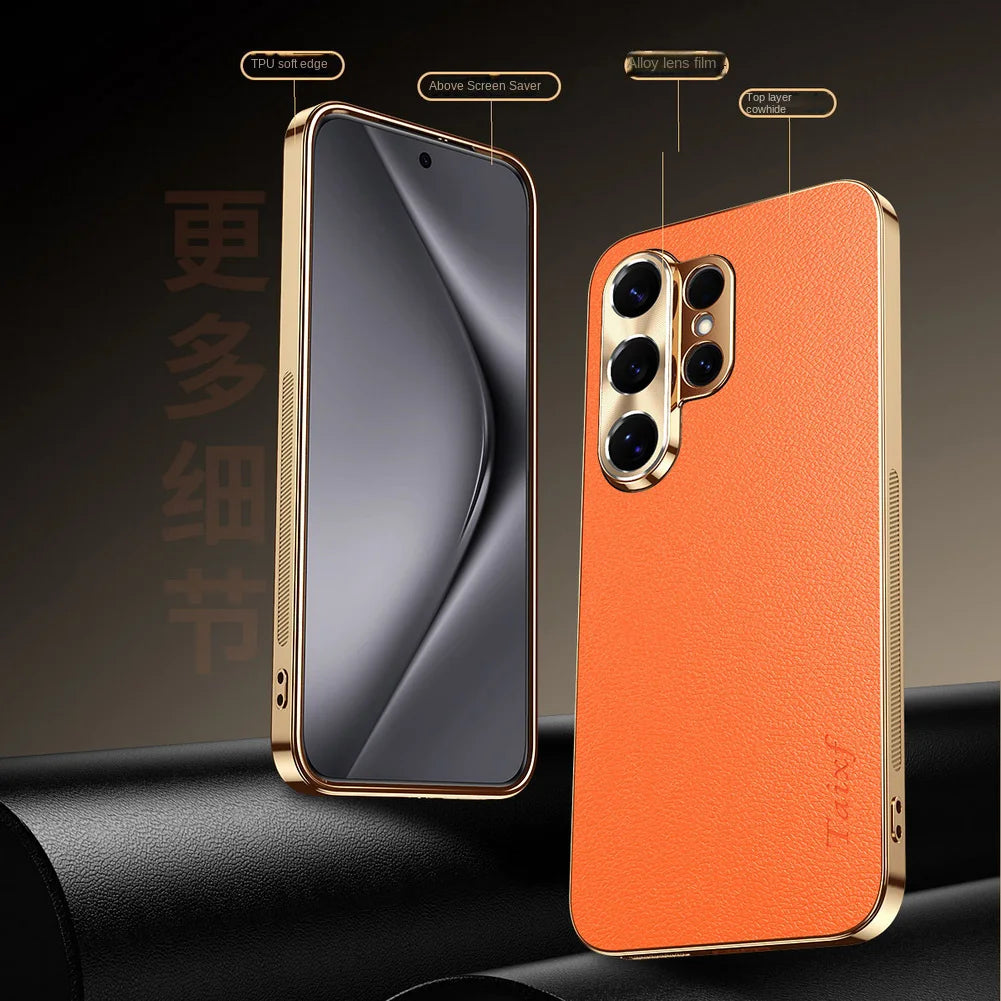 First Layer of Cowhide Lychee Texture Electroplated Frame Case For Samsung S26 Ultra S26 + Galaxy S25 Ultra S25 FE Edge Cover