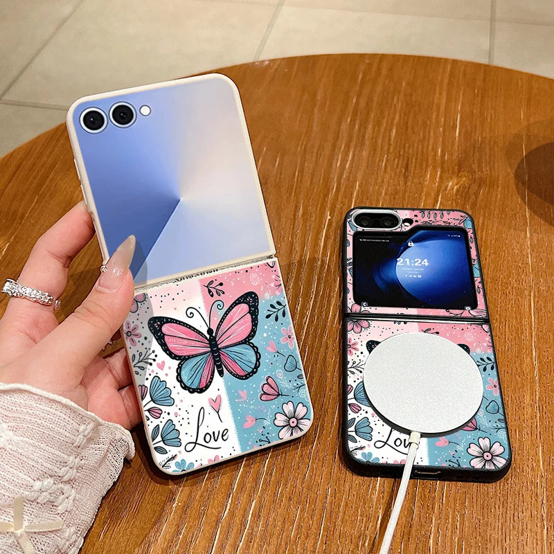 Butterfly Flower Print Magnetic Phone Case For Samsung Galaxy Z Flip 7 FE 6 5 4 3 5G Soft TPU Folding Cover For Samsung Z Flip7