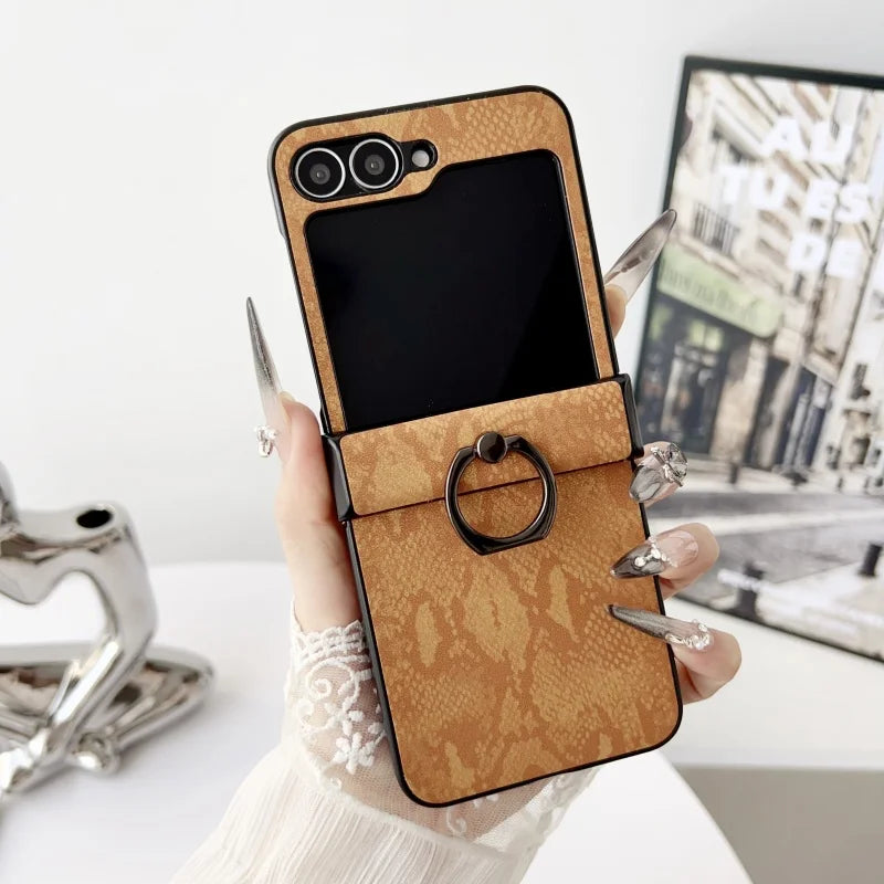 Luxury Lizard Texture Leather Foldable Phone Case For Samsung Galaxy Z Flip 3 4 5 6 Ring Holder Shockproof Proteciton Back Cover