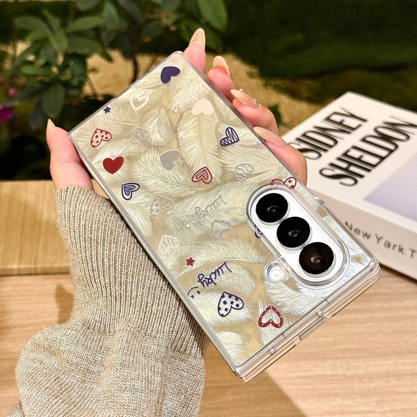 for Samsung Galaxy Z Fold 7 6 5 4 3 fold7 Strap Pendant Fold Phone Case Ins New Feather Love Heart Silver Cover
