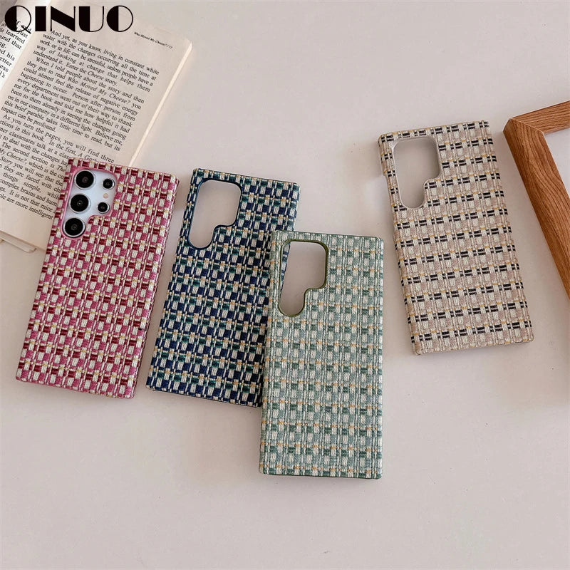 Fashion Grid Woven Cloth Braid Contrasting Color Breathable Phone Case For Samsung Galaxy S24 S23 S22 Ultra TPU Shockproof Cover